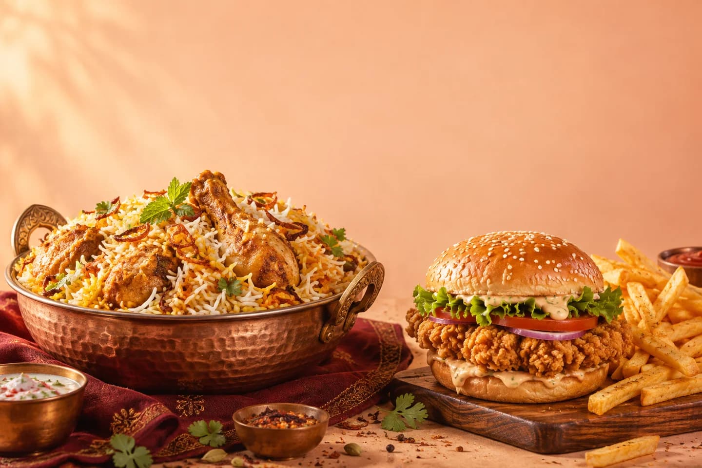 Biryani, a burger and golden fries